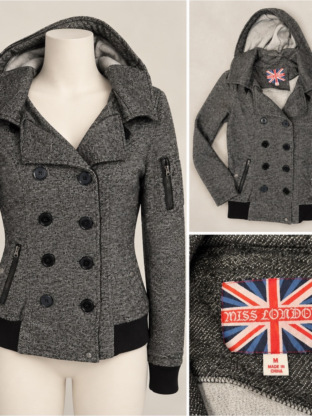Miss London Charcoal Gray Double-Breasted Hooded Peacoat